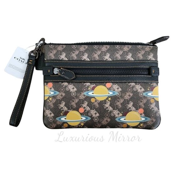 Coach Wristlet Leather Brown Saturn Planet Canvas Horse Carriage 86097 Women New - Picture 1 of 5